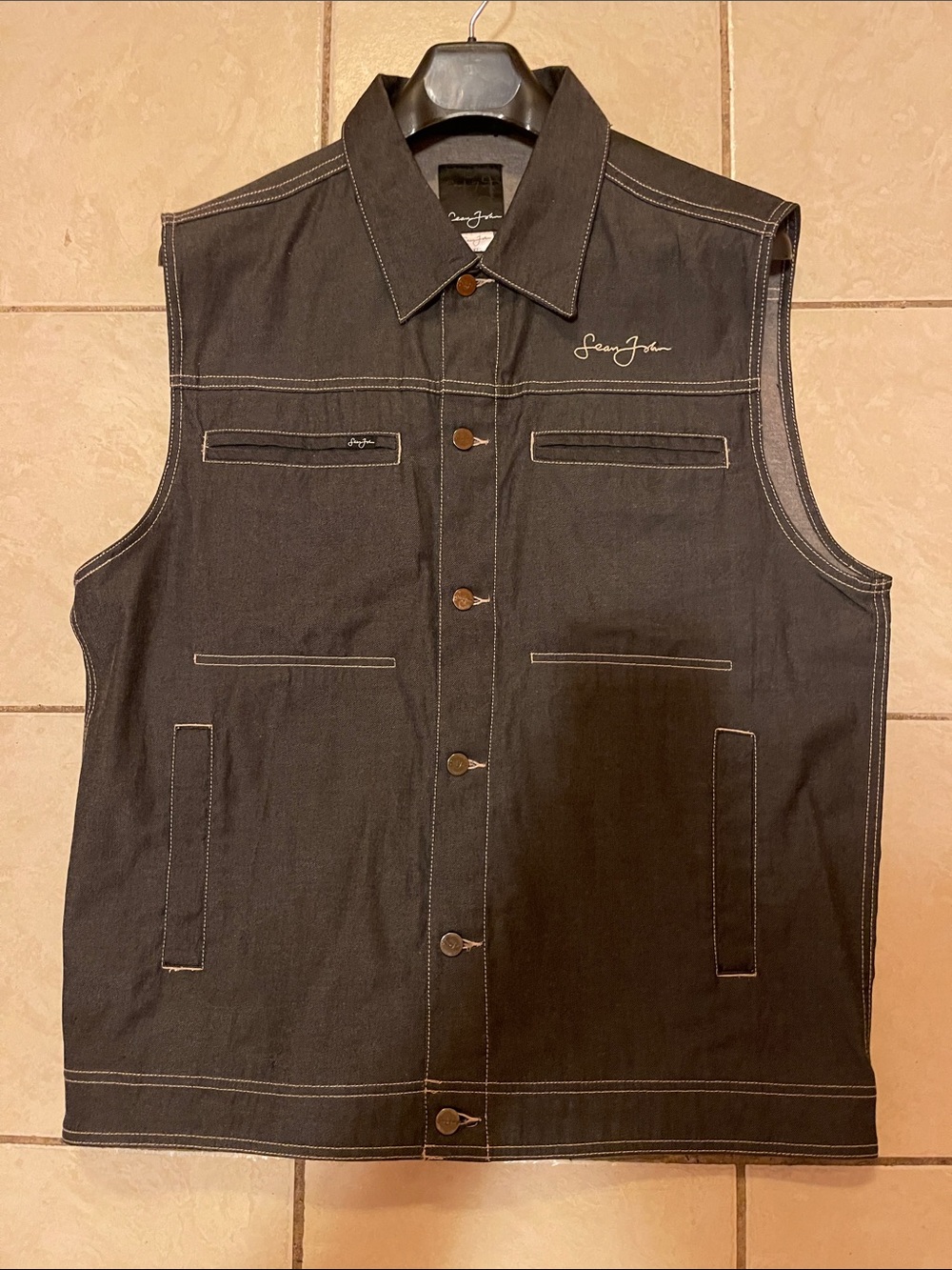 Sean John Black Denim Vest with White Contrast Stitching